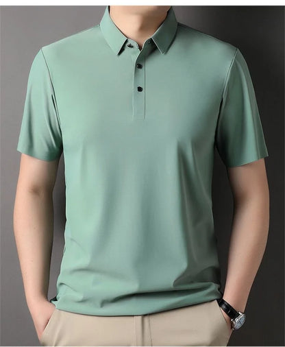 High quality wrinkle resistant ice silk short sleeve t-shirt men's summer Lapel loose casual solid color top high-end polo men