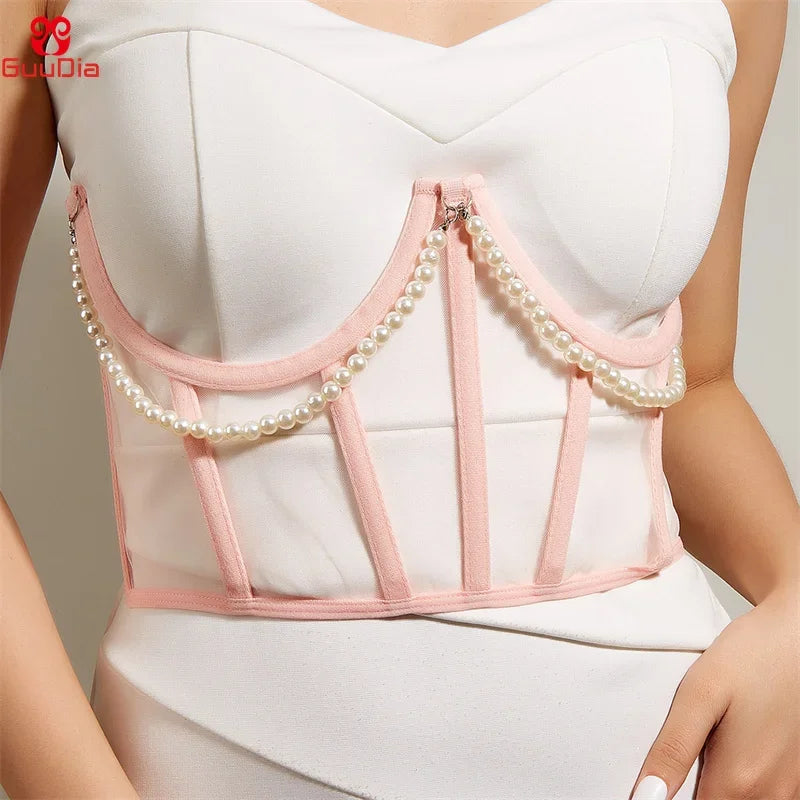 Pearl Chain Bustiers Tied Waspie Wide Belt Cinchers Underwire Lace-up Underbust Corset Bustier Corsets Tops Boned Corset