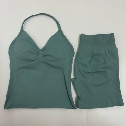 Yoga Set Women Padded Halter Tank Top Scrunch Butt Lifting Gym Shorts Set Summer Sportswear Workout Clothes