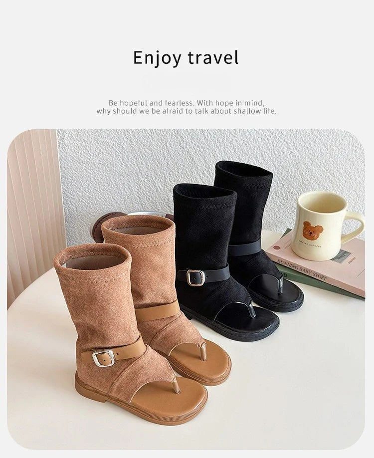 Summer Princess Long Pipe Boots Roman Sandals for Kids Girl Brand Design Ankle Strape Stretch-Satin Flip Flop Girls Shoes I06242