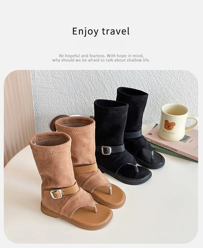 Summer Princess Long Pipe Boots Roman Sandals for Kids Girl Brand Design Ankle Strape Stretch-Satin Flip Flop Girls Shoes I06242
