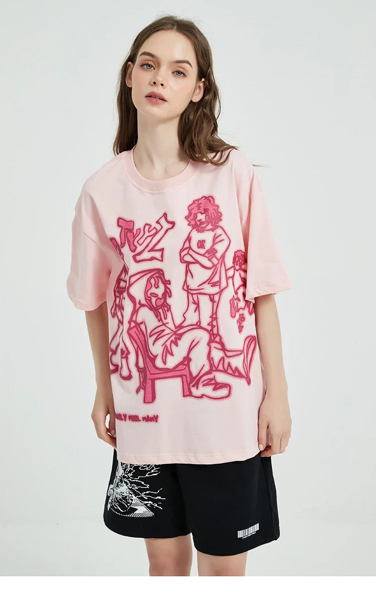 Harajuku Cartoon Girl Cat Japanese Kanji Graphic T Shirt Streetwear Men T-Shirt Summer Short Sleeve Tshirt Tops Tees Unisex