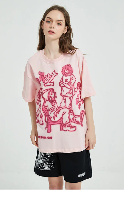 Harajuku Cartoon Girl Cat Japanese Kanji Graphic T Shirt Streetwear Men T-Shirt Summer Short Sleeve Tshirt Tops Tees Unisex