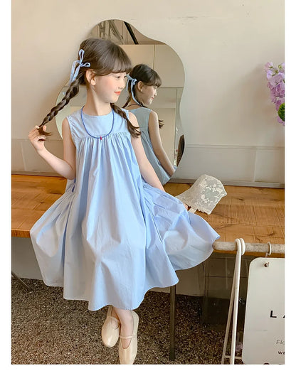 Summer Junior Girl Sleeveless Dress Solid Side Big Pockets Blue Ruched Dress For 2-10Y Girls Casual Round Collar Baby Girl Dress