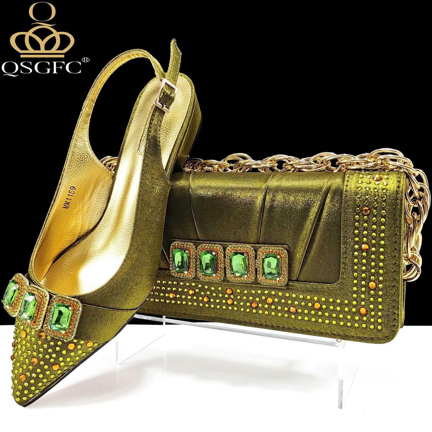 Italian Olive Pumps and Bag for Party 2024 INS Style Pointed-Toe Rhinestone Elegant Low Heels Wedge for Wome