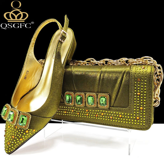 Italian Olive Pumps and Bag for Party 2024 INS Style Pointed-Toe Rhinestone Elegant Low Heels Wedge for Wome
