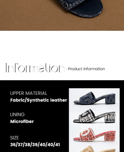 Middle heel square heel slippers fabric fashion casual shoes luxury brand slippers girls street commuter slippers