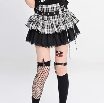 Elegant Plaid Lace-up Sexy Lace Y2k Sweet Subculture Cake Skirt Women Summer New Street A-line High Waist Versatile Punk Skirts