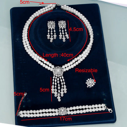 New Trendy Double Row Pearl Tassel Necklace Earring 4PCS For Women Wedding Party Full Zircon Dubai Bridal Jewelry Set Gift