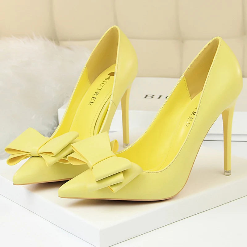 Female New Elegant 10.5cm High Heels Pumps Lady Sky Blue Butterfly Knot Design Princess Shoes Women Glam Pointed Toe Shoes