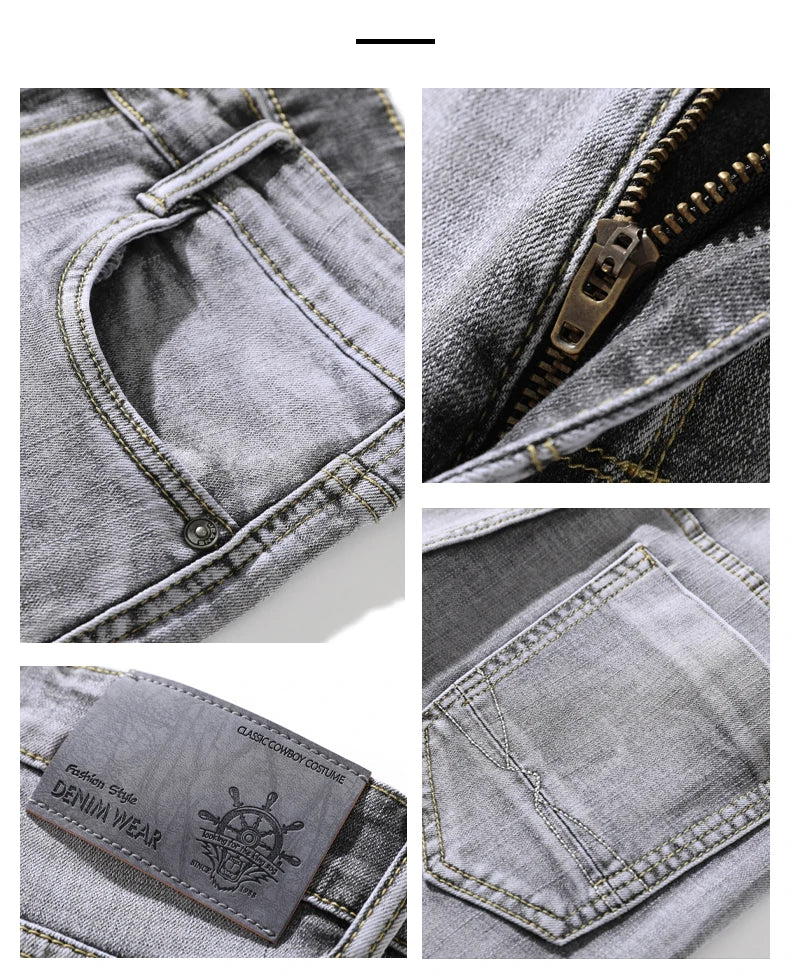 2022 Autumn Spring Fitted Straight Stretch Denim  Classic Style Badge Youth Men's Business Casual Jeans Trousers