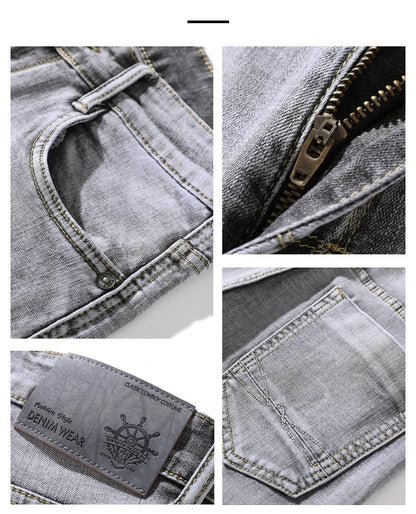 2022 Autumn Spring Fitted Straight Stretch Denim  Classic Style Badge Youth Men's Business Casual Jeans Trousers