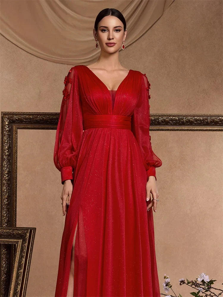 Elegant Slit Formal Applique Chiffon Evening Dress Luxury 2025 Women Long Mermaid V-neck Caicktail Gown Wedding Party Prom