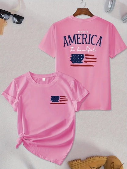 American Flag Print T-Shirt Independence Day Short Sleeve Crew Neck Casual Top For Summer & Spring Women's Clothing