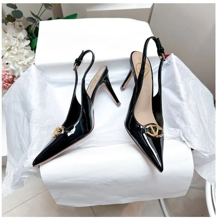 Thin heeled Baotou sandals for women's summer 2026 new style, pointed back strap, metal buckle, versatile high-heeled sandals