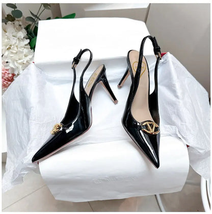Thin heeled Baotou sandals for women's summer 2026 new style, pointed back strap, metal buckle, versatile high-heeled sandals