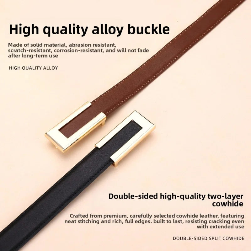 Genuine leather belt for women; cowhide fashion waist belt; versatile smooth buckle; 2025 dress decoration belt for