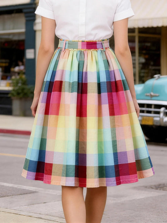 Rainbow Color Women's Skirts Summer Clothes 2026 Elastic Waist Vintage Pleated Belted Swing Colorful Skirt