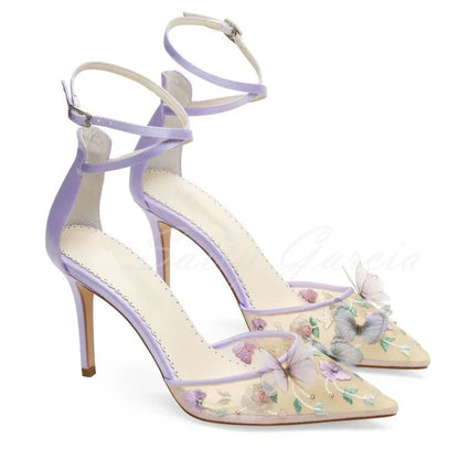 Butterfly High Heel Pumps Women Purple Mesh Pointed Toe Stiletto Heel Garden Party Shoes Ladies Wedding Shoes