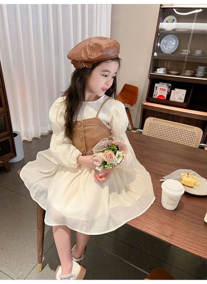 Spring Autumn Girls Dress Set Long Sleeve Children's Retro PU Leather Vest Dress Set Teenage Girls Clothing Suit 4 6 8  12Y