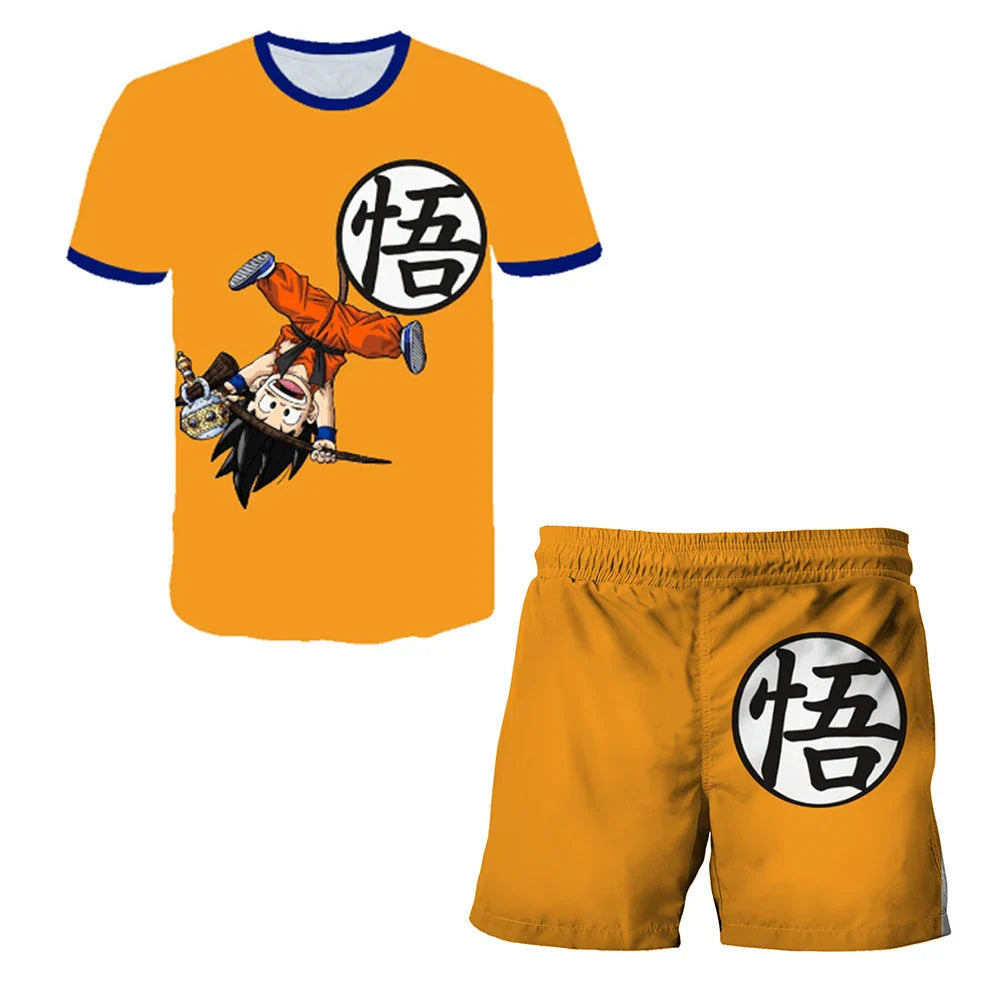New Japan Cartoon Dragon Ball Z T-shirt Children's Top T-shirt+Shorts Two piece Set Summer Boys T-shirt+Shorts Beach Pants