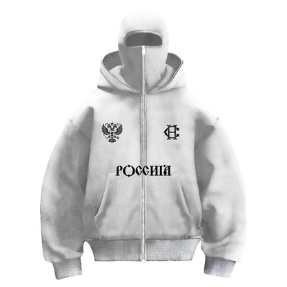 Men's Winter Letter Zipper Hoodies Chic Face Mask Design Warm Hooded Sweatshirts Casual Vintage Sports Jacket Outdoor Activities
