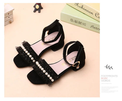 Girls Sandals Summer Shoes Cute Pearls Roman Shoes Pink Black Beading Open-toe Kids Fashion Girls Party Sandals Kids Shoes Chic