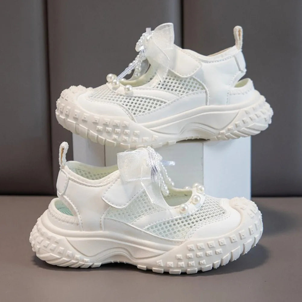 Girls Sports Sandals Sweet Lace Bows Beading Kids Casual Shoes Mesh Breathable Soft 2026 Summer New Children Princess Sandals