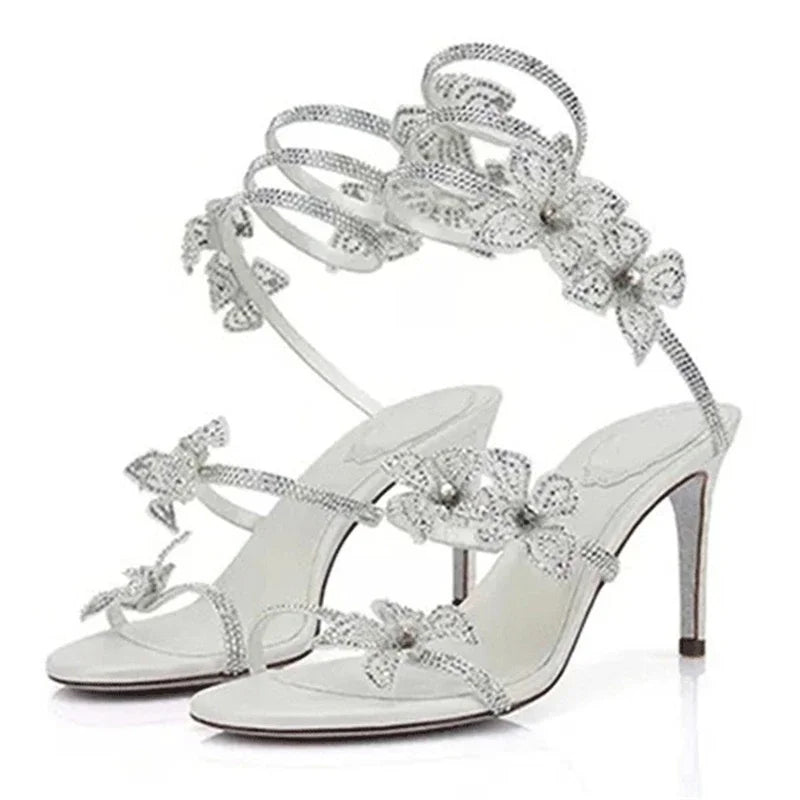 Street Style CRYSTAL Flower Thin Heels Banquet Prom Women Sandals Sexy Open Toe Narrow Band Ankle Strap Gladiator Shoes