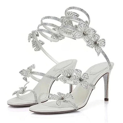 Street Style CRYSTAL Flower Thin Heels Banquet Prom Women Sandals Sexy Open Toe Narrow Band Ankle Strap Gladiator Shoes