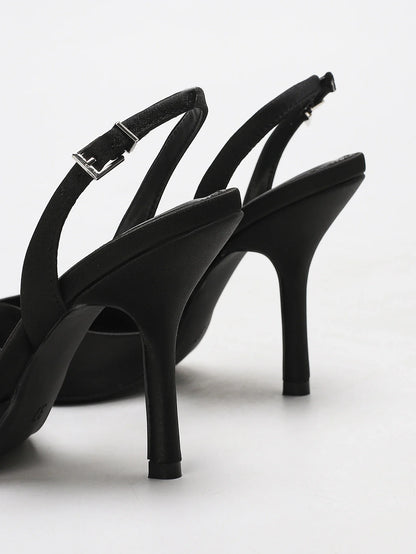 Women's Ivory Satin Pointed-Toe Slingback Heeled Sandals