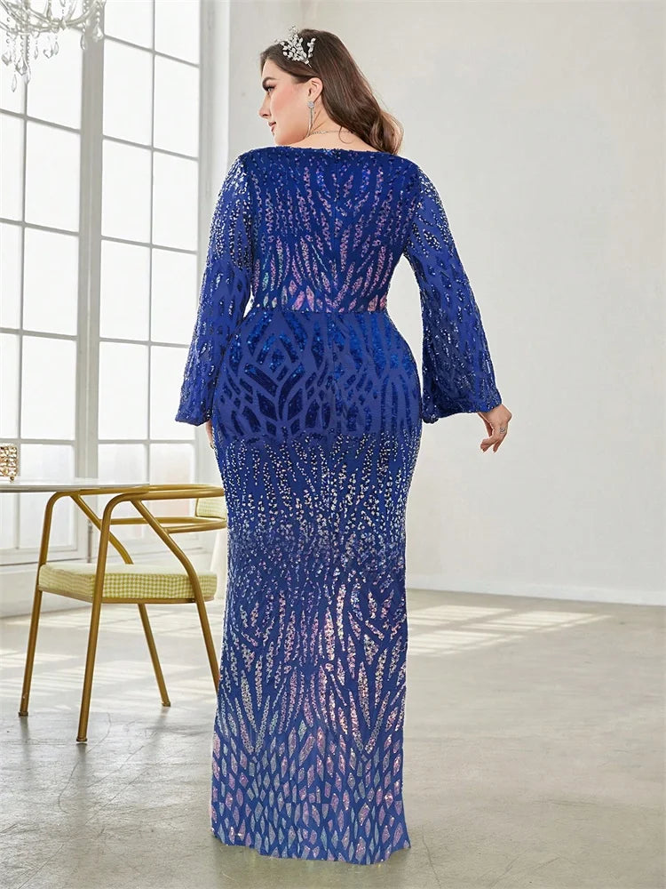 Plus Size Elegant Sequin Blue Evening Dress 2025 Women Formal Maxi Prom Slit Long Sleeves Party Luxury Cocktail Dress