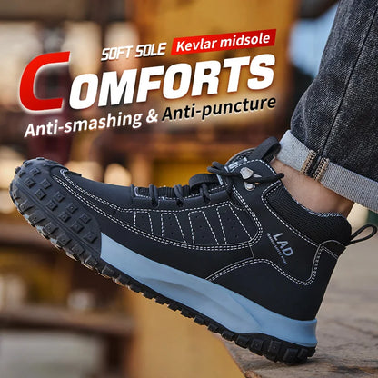 Men's four season work shoes with high top, comfortable soft sole, anti smashing steel toe safety shoes