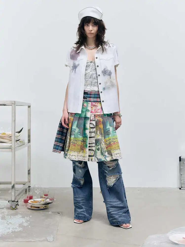 Women's Midi Skirts Tie Dye 2000s Aesthetic Harajuku Japanese Contrast Color Goblin Core American Retro High Street Design New