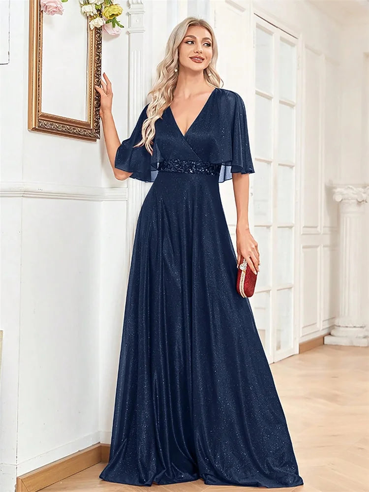 Vestidos de Festa Formais Elegantes com Decote em V e Manga Morcego, Longos e Luxuosos, com Lantejoulas para Mulheres, Casamento, Coquetel, Baile de Formatura