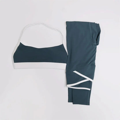 Women Summer Contrasting Sports Bra Shorts Set Female Two-Piece Set Running Shock-Absorbing Neck Hanging Underwear Yoga Set