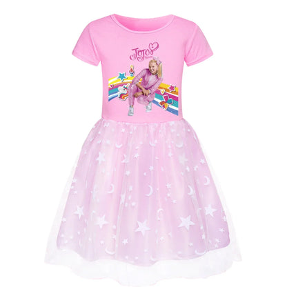 2025 Girls Princess Dress Kids Cute JOJO Siwa T Shirt Pleated Dresses Children Summer Vestidos Cartoon Birthday Party Clothes