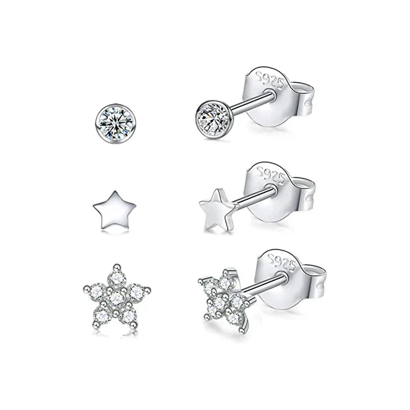 3pcs/set Bling Zircon Earring 925 Sterling Silver Cute Mini Heart Star Stud Earrings Ear Bone Earlobe Piercing Jewerly