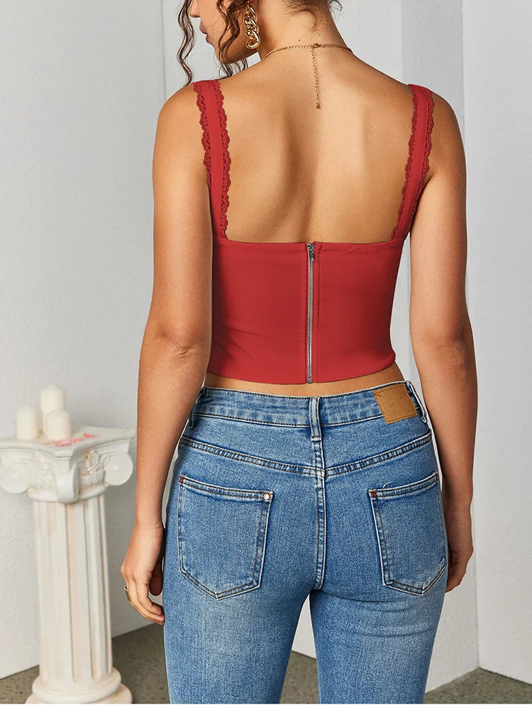 Women's Sleeveless Spaghetti Strap Lace Crop Corset Top Backless Double Layer Fashion Casual Party Cami Bustier Tops