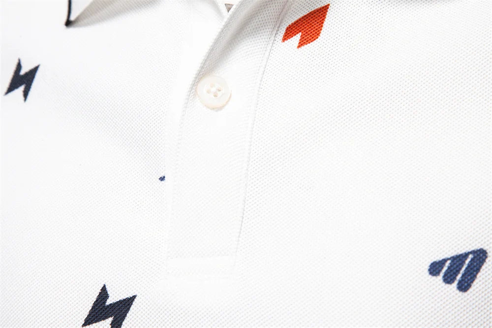 ‌2025 Summer New Men's Solid Color Polo Shirt with Printed Turn-Down Collar Casual Slim Fit Breathable Comfortable Top‌