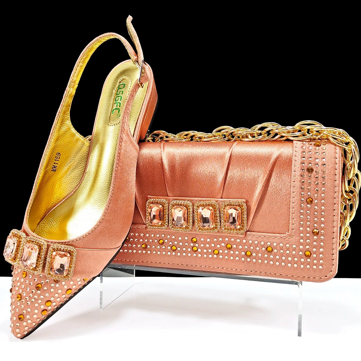 Italian Olive Pumps and Bag for Party 2024 INS Style Pointed-Toe Rhinestone Elegant Low Heels Wedge for Wome