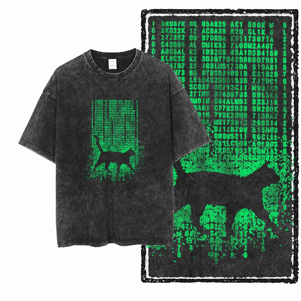 cat Printed Cotton Acid Washed Exclusive Graphic Unisex T Shirt Cool Streetwear Men Tshirts Big Size Tee for men