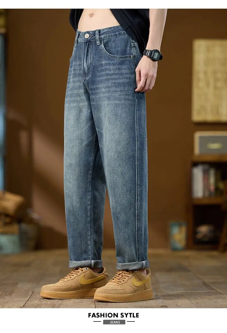 Jeans Denim Straight Pants Men Washed Distressed Mid Waist Pockets 2025 Streetwear Basics Ankle Length Trousers Vintage Denims