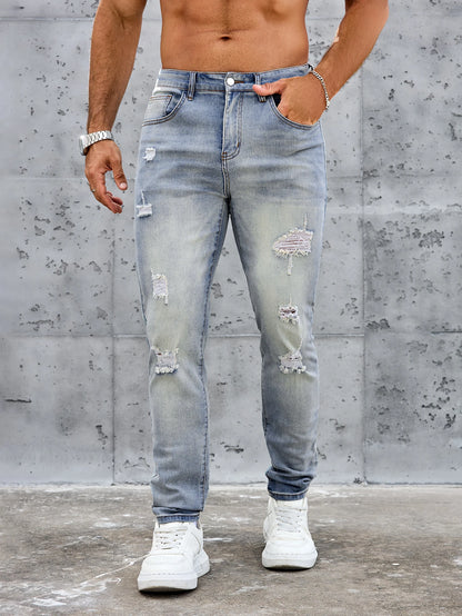 Men's Casual Slim Fit Stretch Jeans-Ripped Blue Denim Trousers Spring and Summer Pants Elastane Fabric