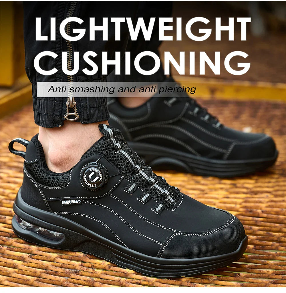 Men's Safety Work Boots Steel Toe Puncture Resistant Kevlar Midsole Air Cushion Black Button Style Industrial Construction Shoes
