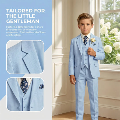 Boy's Linen Suit , 4 Piece Regular Fit Tuxedo for Kids, Jacket Vest Pants Tie Communion Piano Preformance Ring Bearer Suits