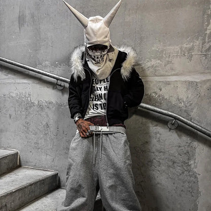 2025 Outono/Inverno Novas Blusas Y2k Harajuku Gola de Pele Artificial Moletom com Capuz Roupa Estampada Hip Hop Punk Gótico Moletom com Zíper