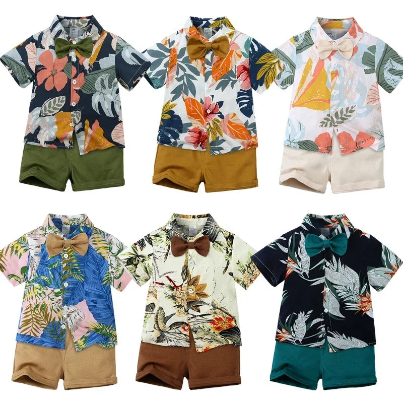 Toddler Baby Boys Sets Summer Hawaiian Outfit Infant Kids Floral Print Short Sleeve Shirt Bowtie Shirt+Shorts Gentleman Suits