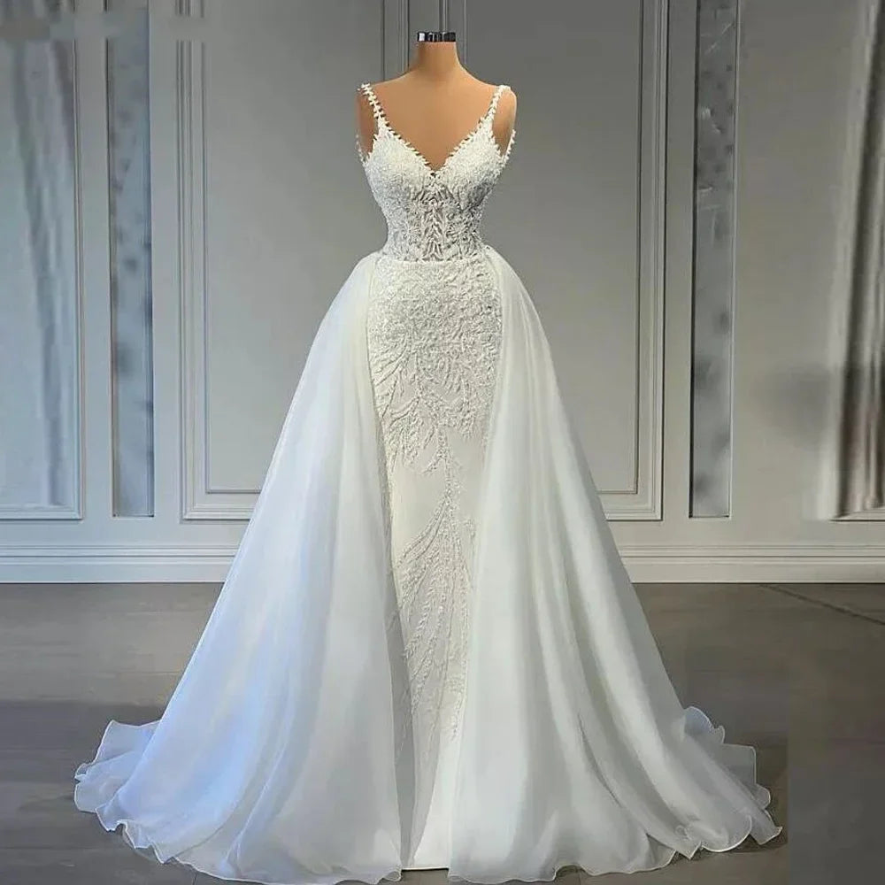 Customized V Neck Mermaid Lace Wedding Dresses Sleeveless Illusion Beaded Satin Bridal Gowns with Detachable Train