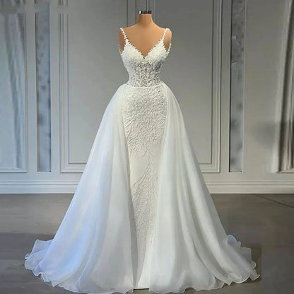 Customized V Neck Mermaid Lace Wedding Dresses Sleeveless Illusion Beaded Satin Bridal Gowns with Detachable Train